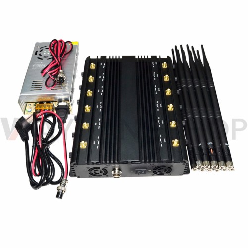 New powerful 12 antennas jammer block 2G 3G 4G 5G GPS WIFI Lojack 98W output power cover range up to 80m