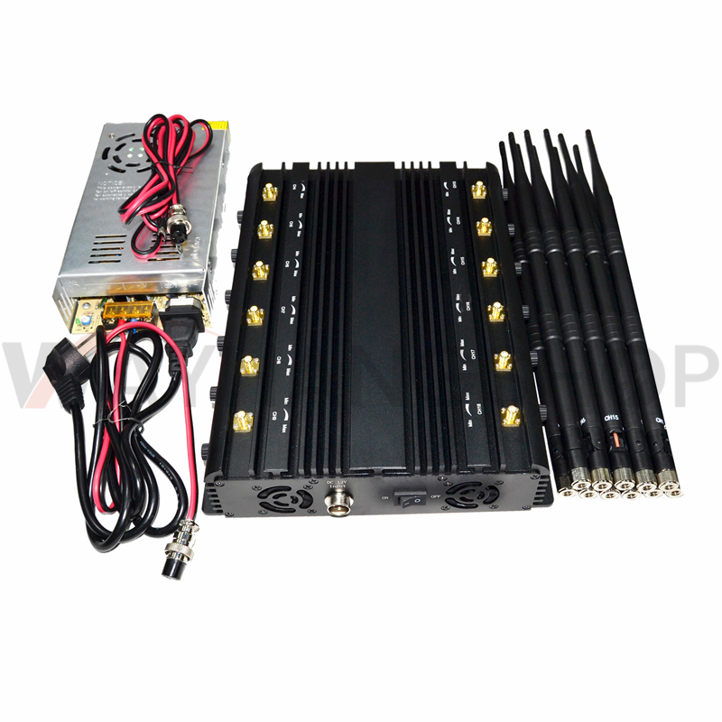 New powerful 12 antennas jammer block 2G 3G 4G 5G GPS WIFI Lojack 98W output power cover range up to 80m 