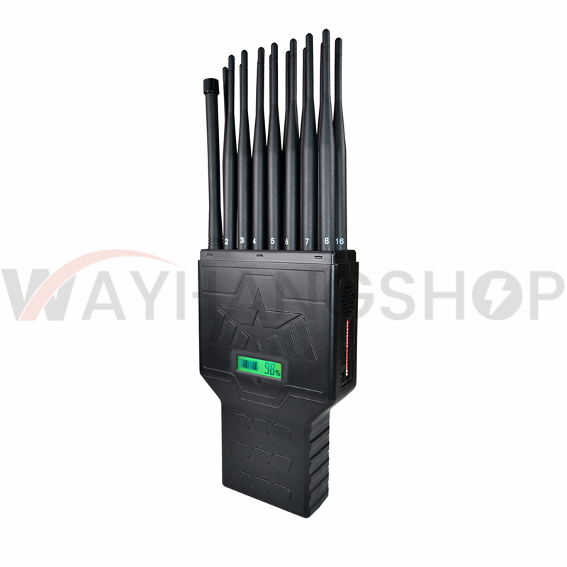 World First Handheld 16 Bands Cell Phone Signal Jammer Hidden Antenna Blocking 4G Wi-Fi5G RF Signal Jammer 12Watt Jamming up to 20m 